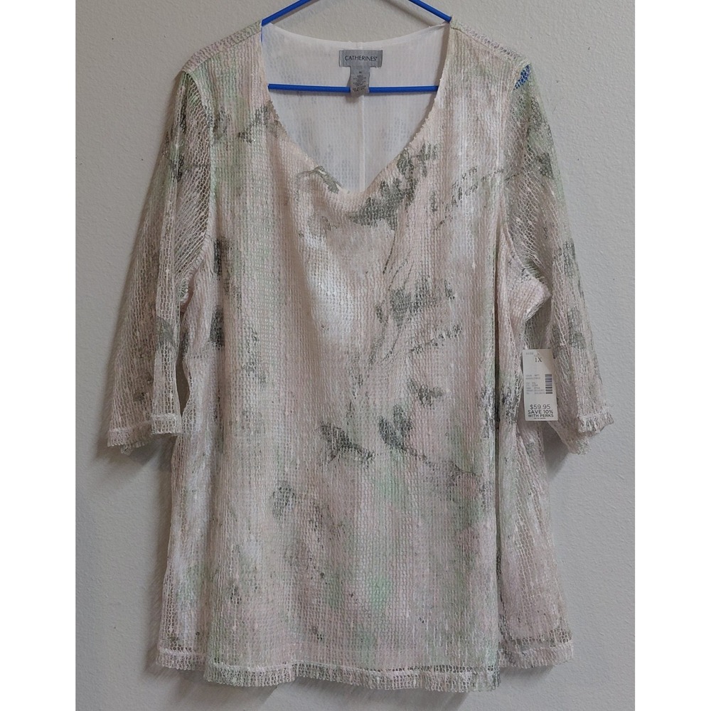 Catherines 1X Plus Size Floral Mesh Tunic Top 3/4 Sleeve Pink Green NWT